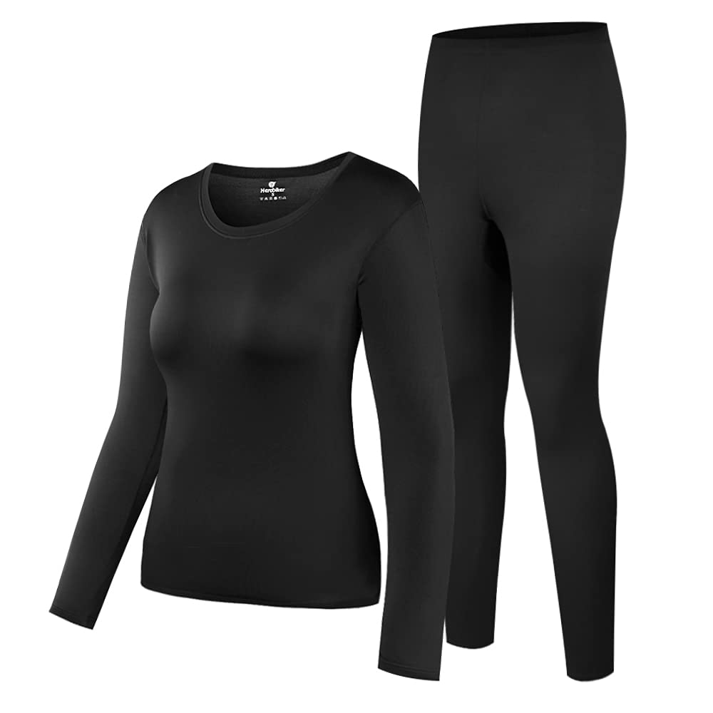 HEROBIKER - Ropa interior térmica para mujer, ultrasuave, conjunto de capa base superior e inferior, con forro polar para invierno, cálido, Negro -, S