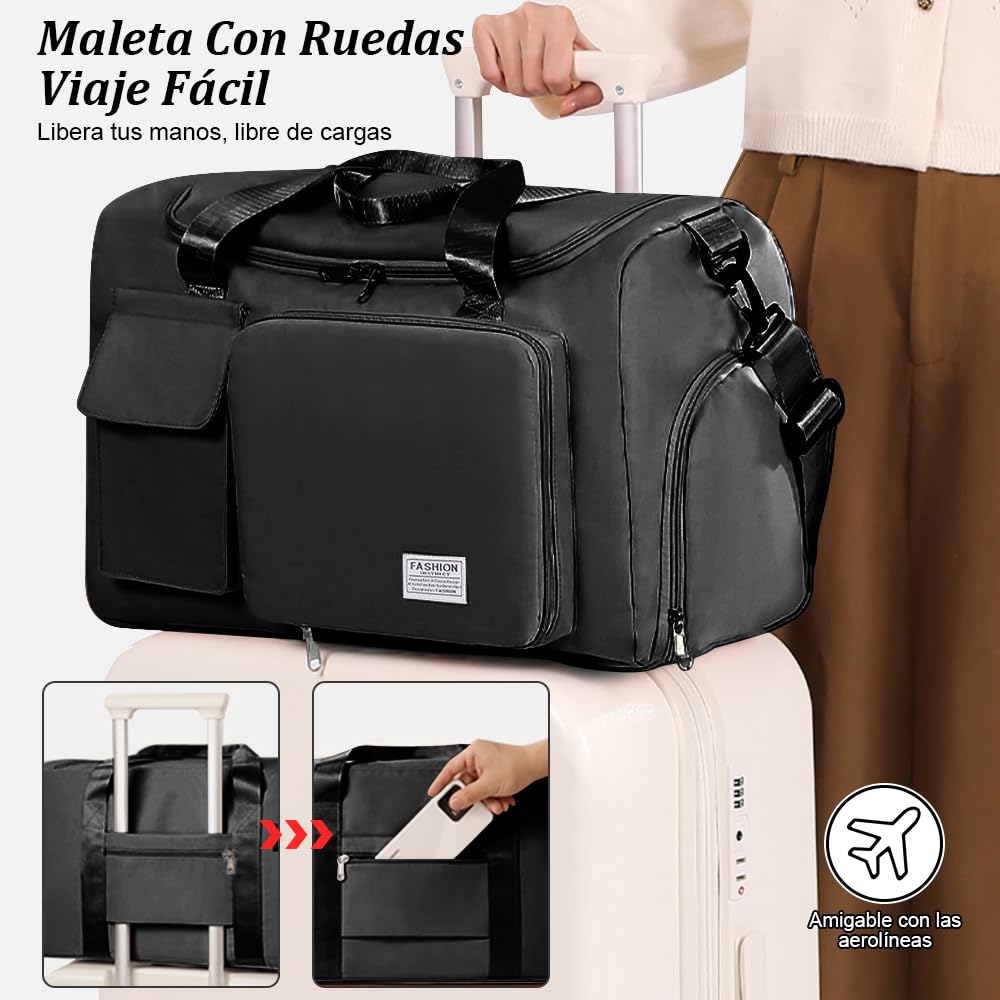 Bolsa Deportiva para el Gym, Bolsa de Viaje Impermeable con Compartimento para Zapatos y Bolsillo para Ropa Mojada, Bolsa de Deporte para Viajes, Entrenamiento, Deporte(Negro-A)