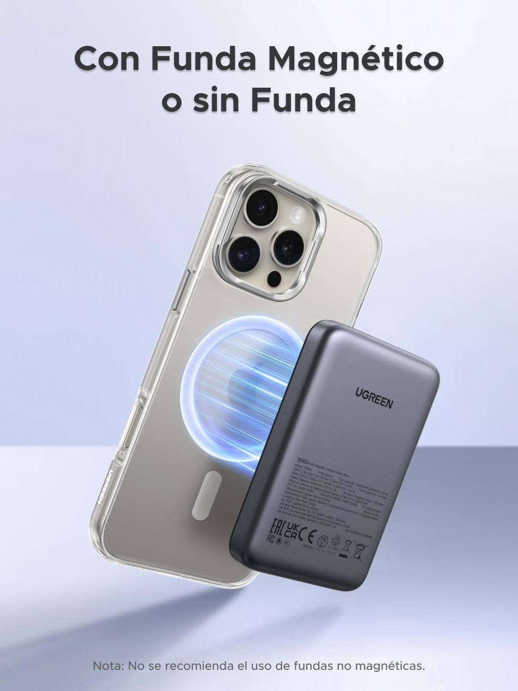 UGREEN 10000mAh Power Bank Inalabrico PD 20W Carga Raida, Cargador USB C Portail Magnético, Bateria Externa Compatible con iPhone 16/15/14 Serie, Galaxy, Xiaomi, iPad, LG, Negro