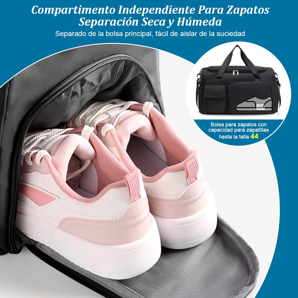 Bolsa Deportiva para el Gym, Bolsa de Viaje Impermeable con Compartimento para Zapatos y Bolsillo para Ropa Mojada, Bolsa de Deporte para Viajes, Entrenamiento, Deporte(Negro-A)