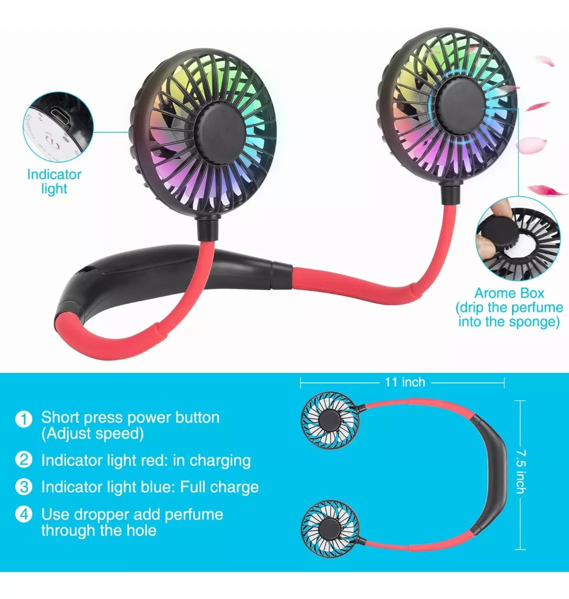 Ventilador Multifuncional Usb Portátil Para Rostro Y Cuello Versión Mejorada Ventilador de LED que Cambia de Color con Aromaterapia Rotación Libre de 360° Ruido más Bajo Flujo de Aire Fuerte