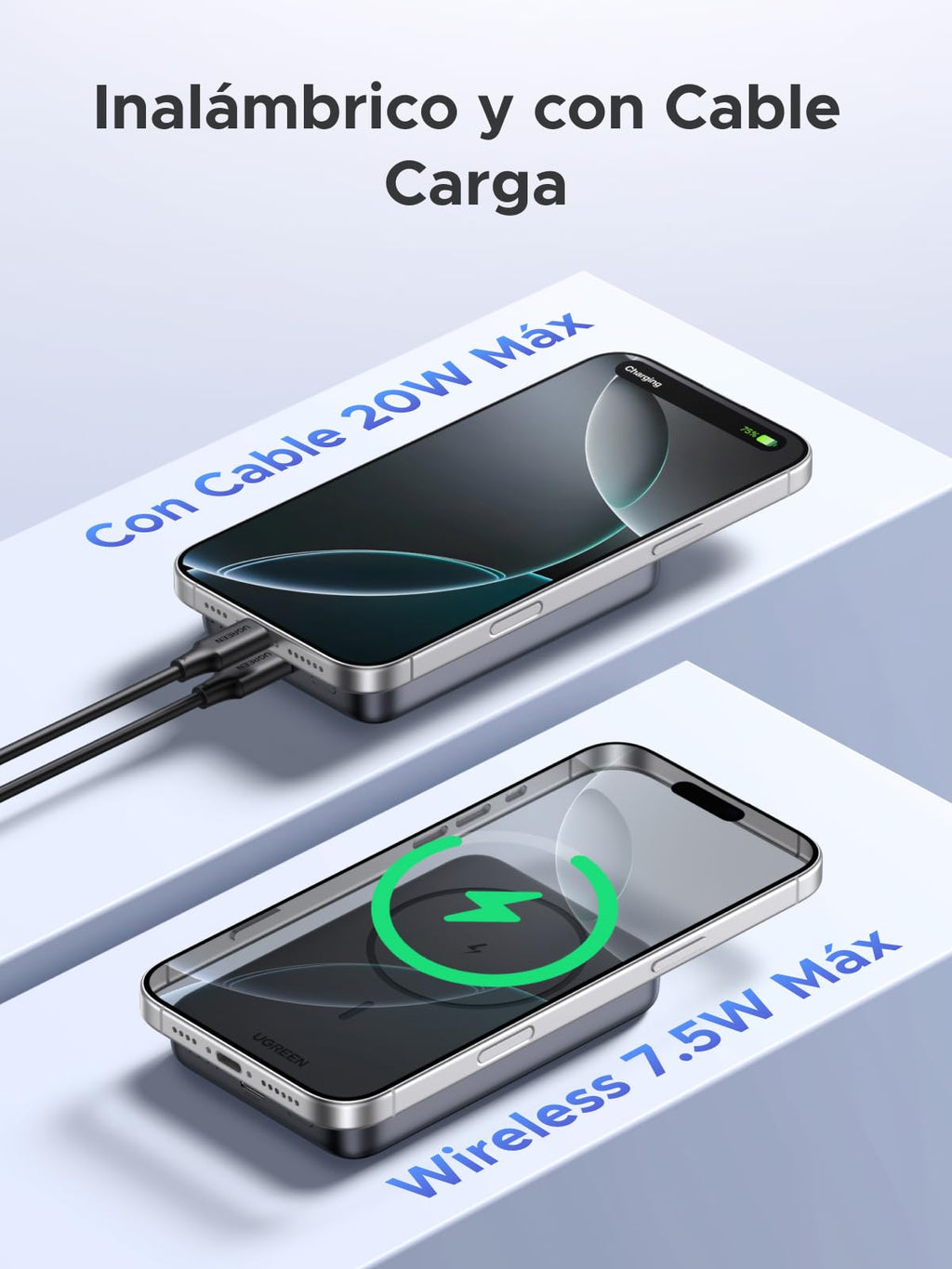 UGREEN 10000mAh Power Bank Inalabrico PD 20W Carga Raida, Cargador USB C Portail Magnético, Bateria Externa Compatible con iPhone 16/15/14 Serie, Galaxy, Xiaomi, iPad, LG, Negro