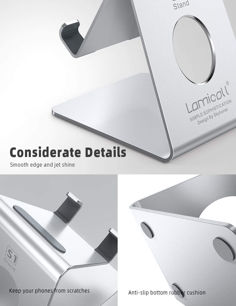 Lamicall Soporte para Celular, Base Celular : Aluminio Porta Celulares Escritorio Accesorios para iPhone 16 15 14 13 12 11 Pro MAX, Samsung S24 S23 S22, Xiaomi, Huawei, Otras 4-8" Smartphones - Plata