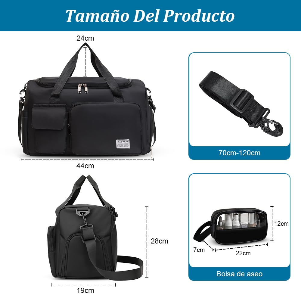 Bolsa Deportiva para el Gym, Bolsa de Viaje Impermeable con Compartimento para Zapatos y Bolsillo para Ropa Mojada, Bolsa de Deporte para Viajes, Entrenamiento, Deporte(Negro-A)
