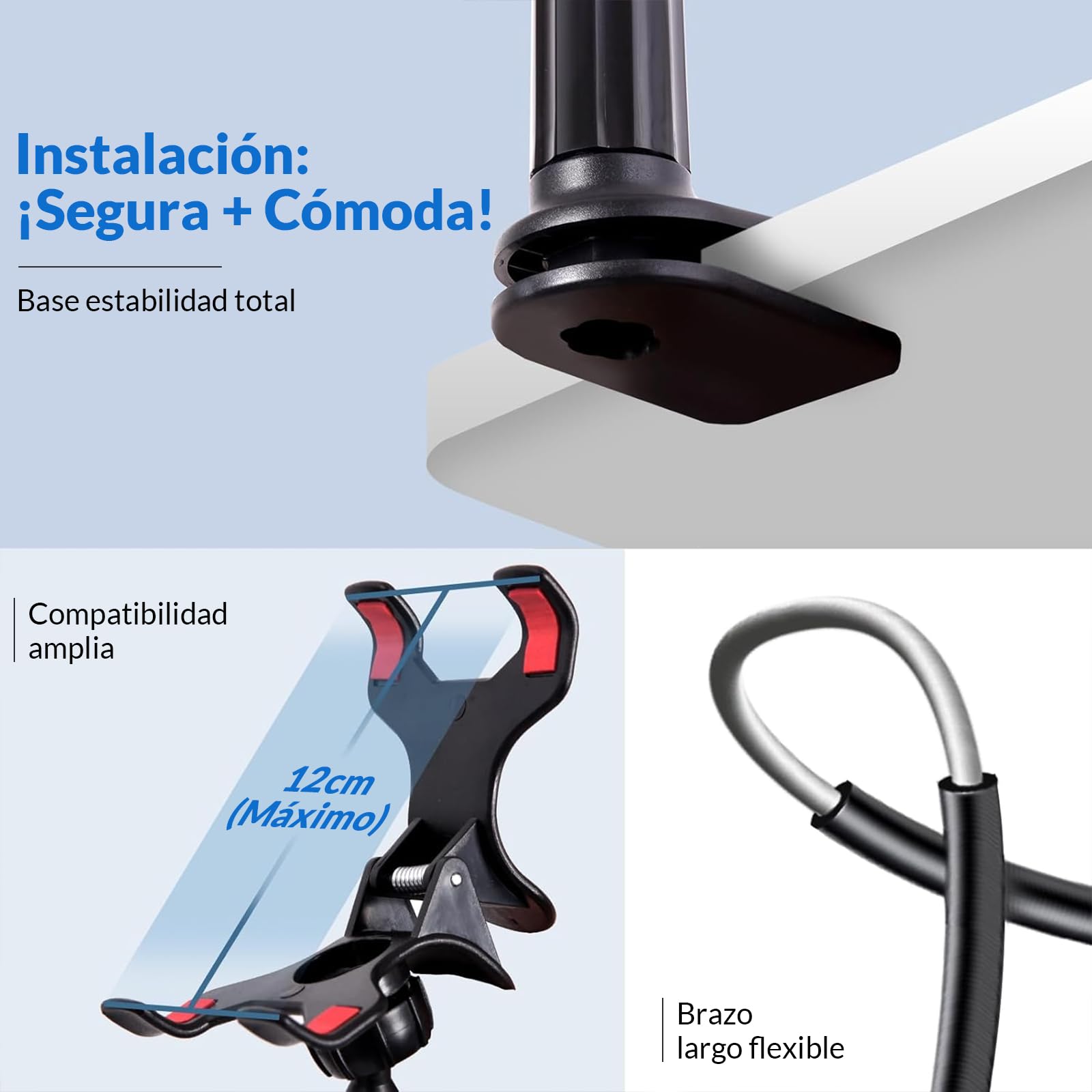 JUGLUTE Soporte para Celular Universal, Base Multiusos para Cama y Escritorio con Brazos Flexibles, Pinza Ajustable y Diseño Manos Libres - Compatible con iPhone X/Samsung Galaxy (Negro)