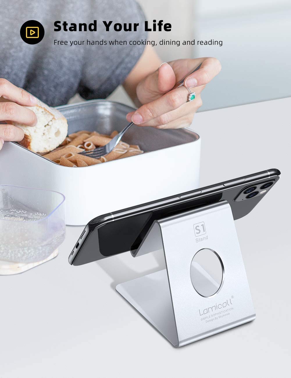 Lamicall Soporte para Celular, Base Celular : Aluminio Porta Celulares Escritorio Accesorios para iPhone 16 15 14 13 12 11 Pro MAX, Samsung S24 S23 S22, Xiaomi, Huawei, Otras 4-8" Smartphones - Plata