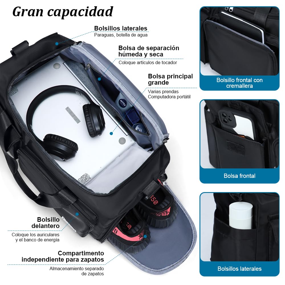 Bolsa Deportiva para el Gym, Bolsa de Viaje Impermeable con Compartimento para Zapatos y Bolsillo para Ropa Mojada, Bolsa de Deporte para Viajes, Entrenamiento, Deporte(Negro-A)