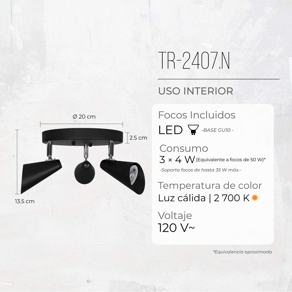 ILLUX Lámpara de techo, triple foco, de sobreponer estilo riel, cabezas ajustables. Iluminación de Pared o Techo Moderna DEKOR TR-2407 (Negro, Sin foco) TR-2407.N