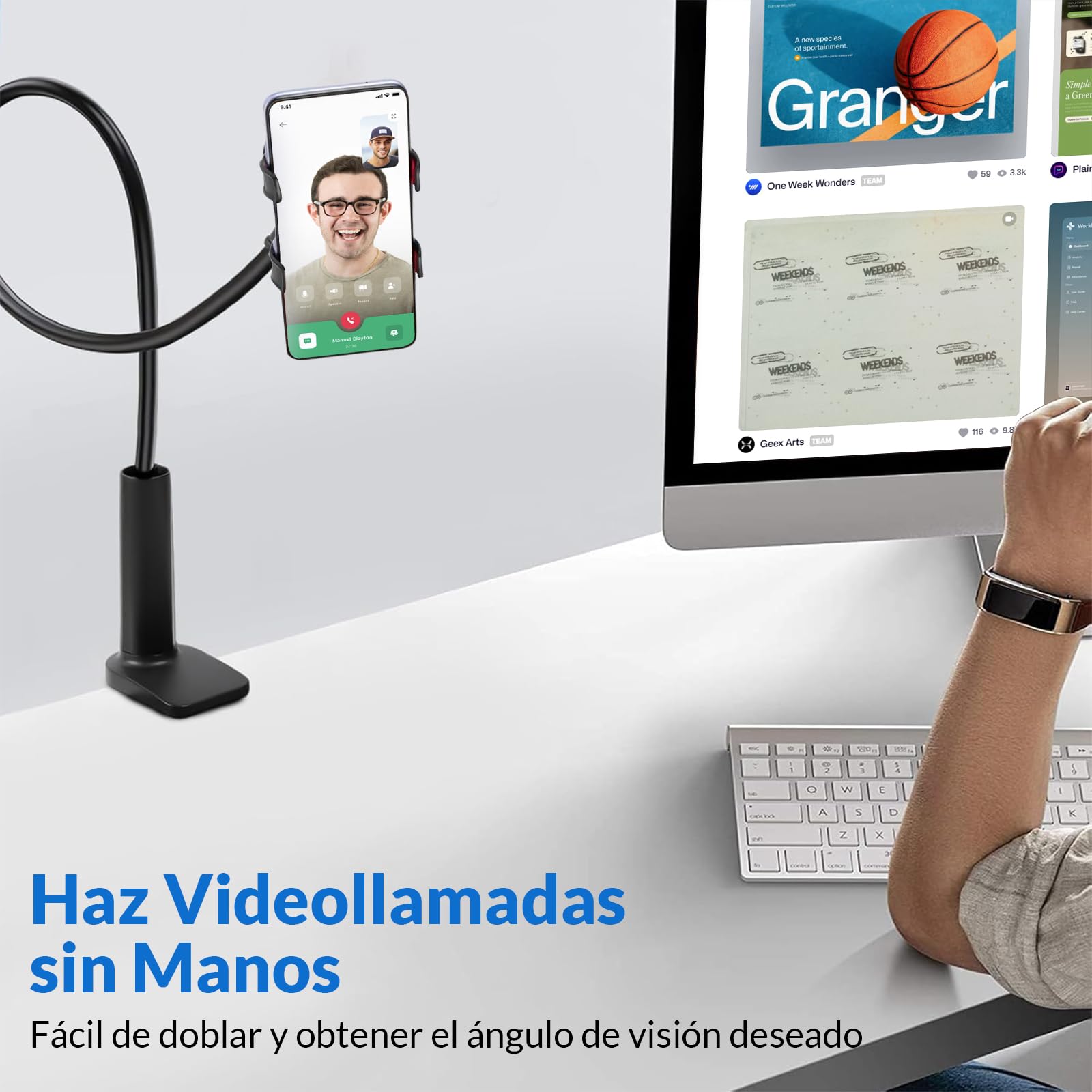 JUGLUTE Soporte para Celular Universal, Base Multiusos para Cama y Escritorio con Brazos Flexibles, Pinza Ajustable y Diseño Manos Libres - Compatible con iPhone X/Samsung Galaxy (Negro)