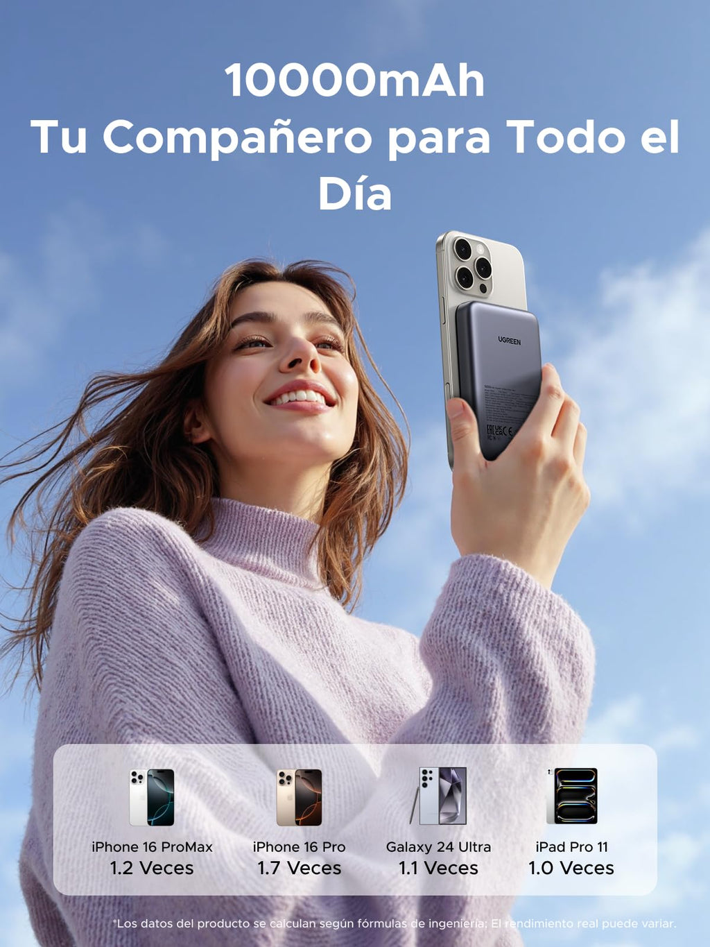 UGREEN 10000mAh Power Bank Inalabrico PD 20W Carga Raida, Cargador USB C Portail Magnético, Bateria Externa Compatible con iPhone 16/15/14 Serie, Galaxy, Xiaomi, iPad, LG, Negro