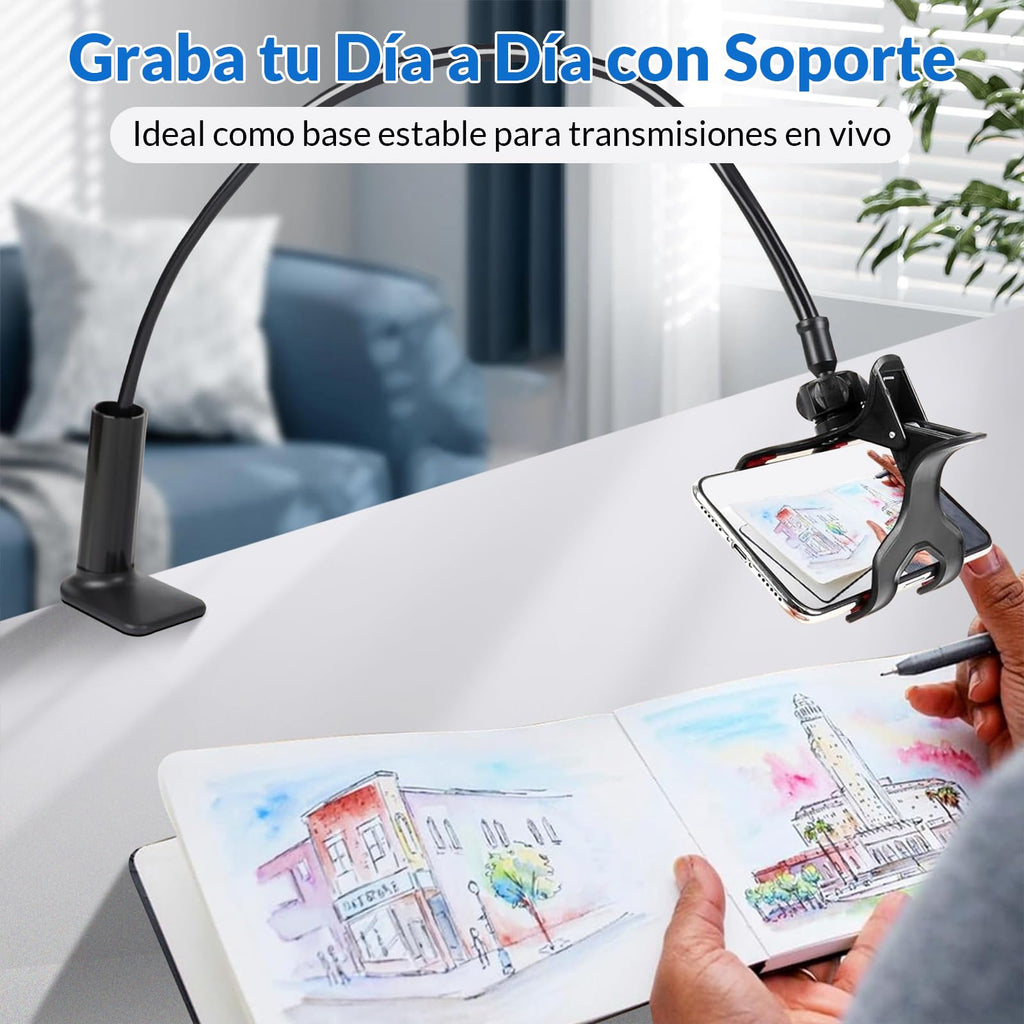 JUGLUTE Soporte para Celular Universal, Base Multiusos para Cama y Escritorio con Brazos Flexibles, Pinza Ajustable y Diseño Manos Libres - Compatible con iPhone X/Samsung Galaxy (Negro)