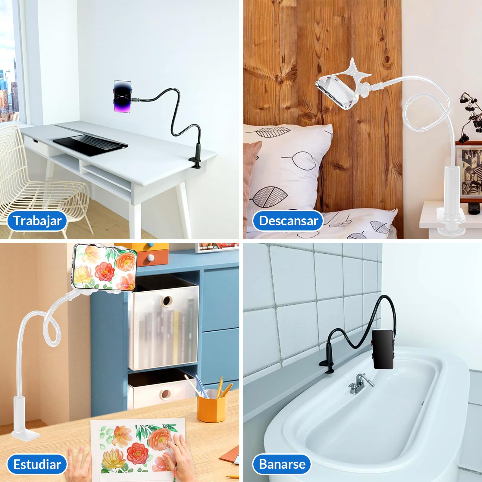 JUGLUTE Soporte para Celular Universal, Base Multiusos para Cama y Escritorio con Brazos Flexibles, Pinza Ajustable y Diseño Manos Libres - Compatible con iPhone X/Samsung Galaxy (Negro)