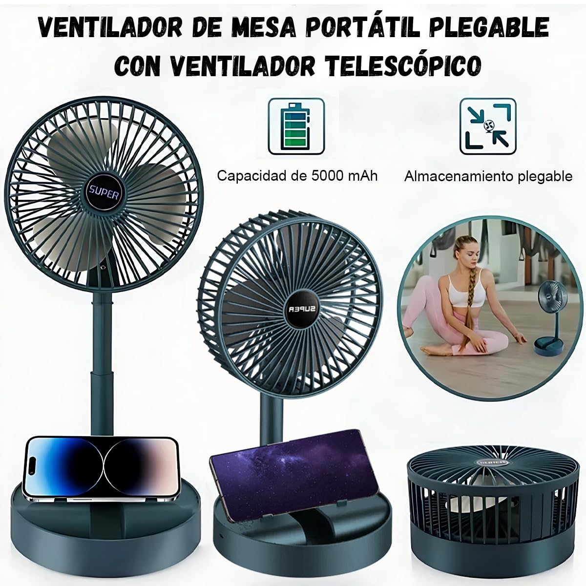 FS004 Ventilador de escritorio USB,mini ventilador portátil,Ventilador 5000 mAh recargable por USB,portátil,silencioso,3 velocidades,ventilador personal de escritorio,Ideal para Oficina,Hogar,Viaje