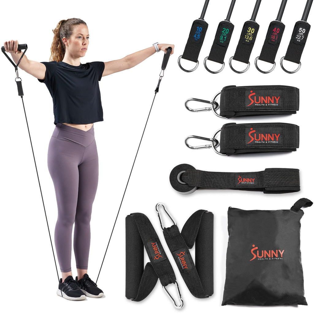 Sunny Health & Fitness Conjunto de Bandas de Resistencia Premium con Anclajes para Puertas, Muñequeras y Mangos - para Estiramientos, Yoga, Entrenamiento de Fuerza y Recuperación Muscular - NO. 089