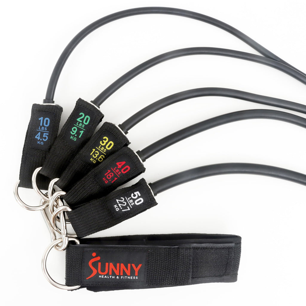 Sunny Health & Fitness Conjunto de Bandas de Resistencia Premium con Anclajes para Puertas, Muñequeras y Mangos - para Estiramientos, Yoga, Entrenamiento de Fuerza y Recuperación Muscular - NO. 089